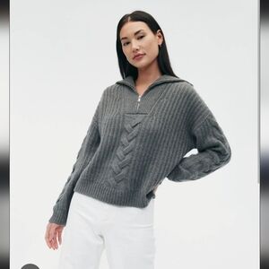 Naadam Cashmino Quarter Zip Cable Sleeve Marled Grey XS Cashmere Sweater